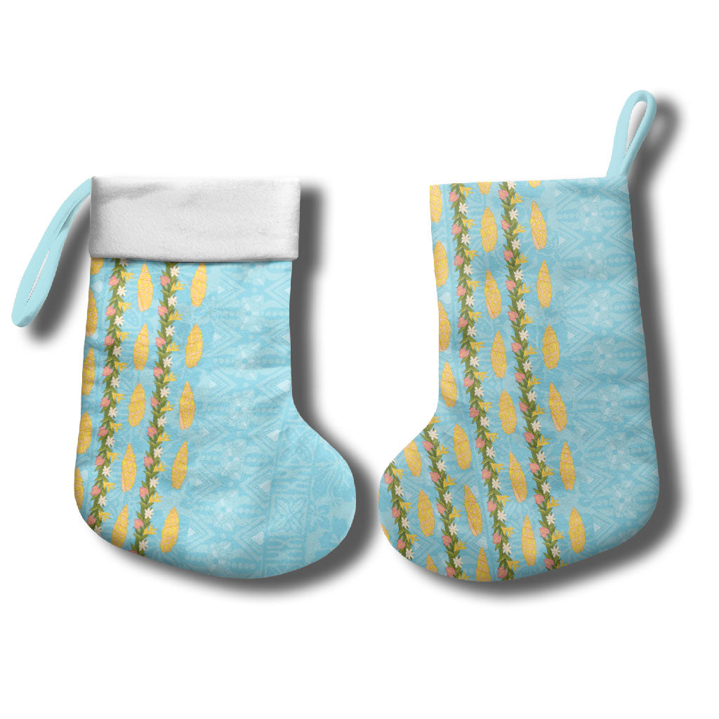 Hawaii Shell Tiare Anthurium Heliconia Lei Christmas Stocking With Tapa Pattern Baby Blue