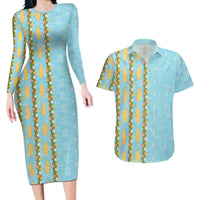 Hawaii Shell Tiare Anthurium Heliconia Lei Couples Matching Long Sleeve Bodycon Dress and Hawaiian Shirt With Tapa Pattern Baby Blue