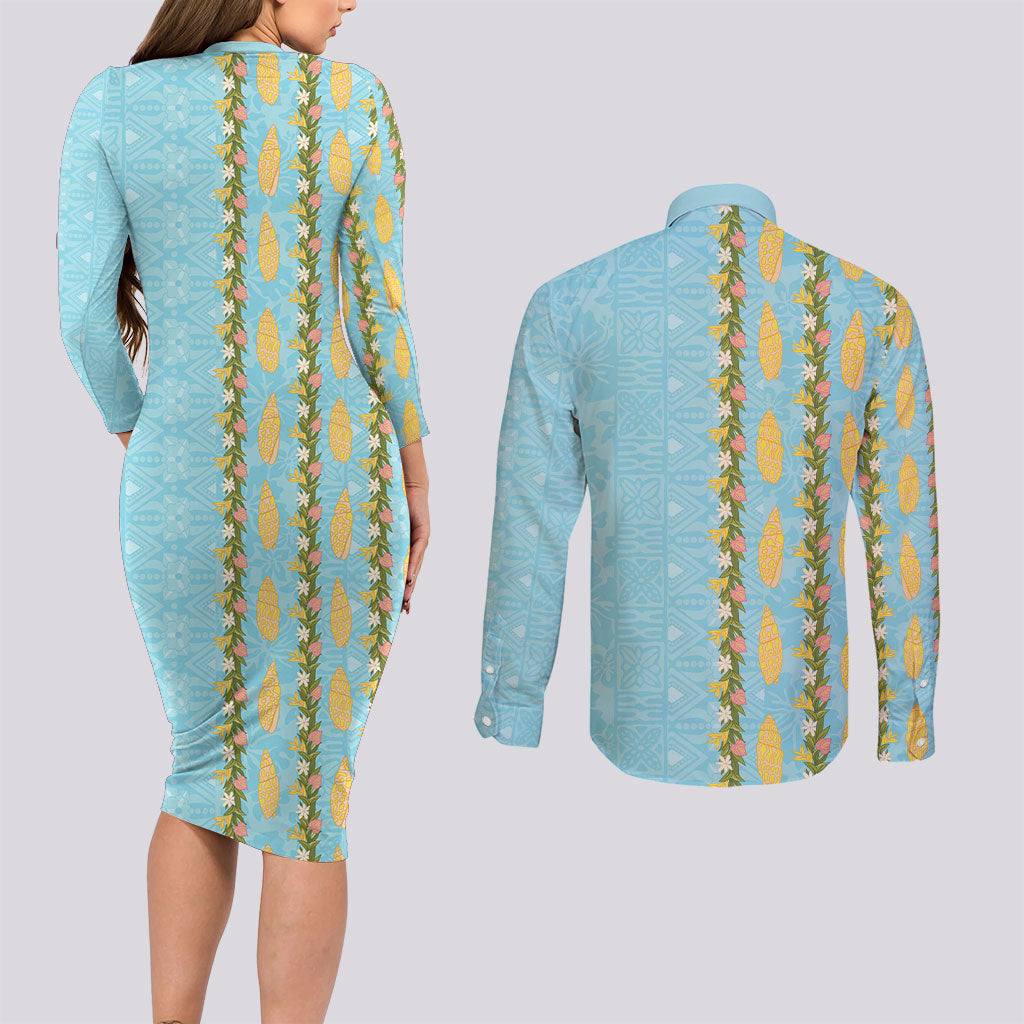 Hawaii Shell Tiare Anthurium Heliconia Lei Couples Matching Long Sleeve Bodycon Dress and Long Sleeve Button Shirt With Tapa Pattern Baby Blue