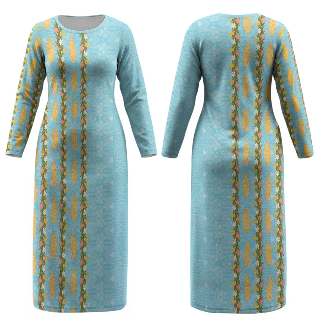 Hawaii Shell Tiare Anthurium Heliconia Lei Couples Matching Long Sleeve Bodycon Dress and Long Sleeve Button Shirt With Tapa Pattern Baby Blue LT05 - Polynesian Pride