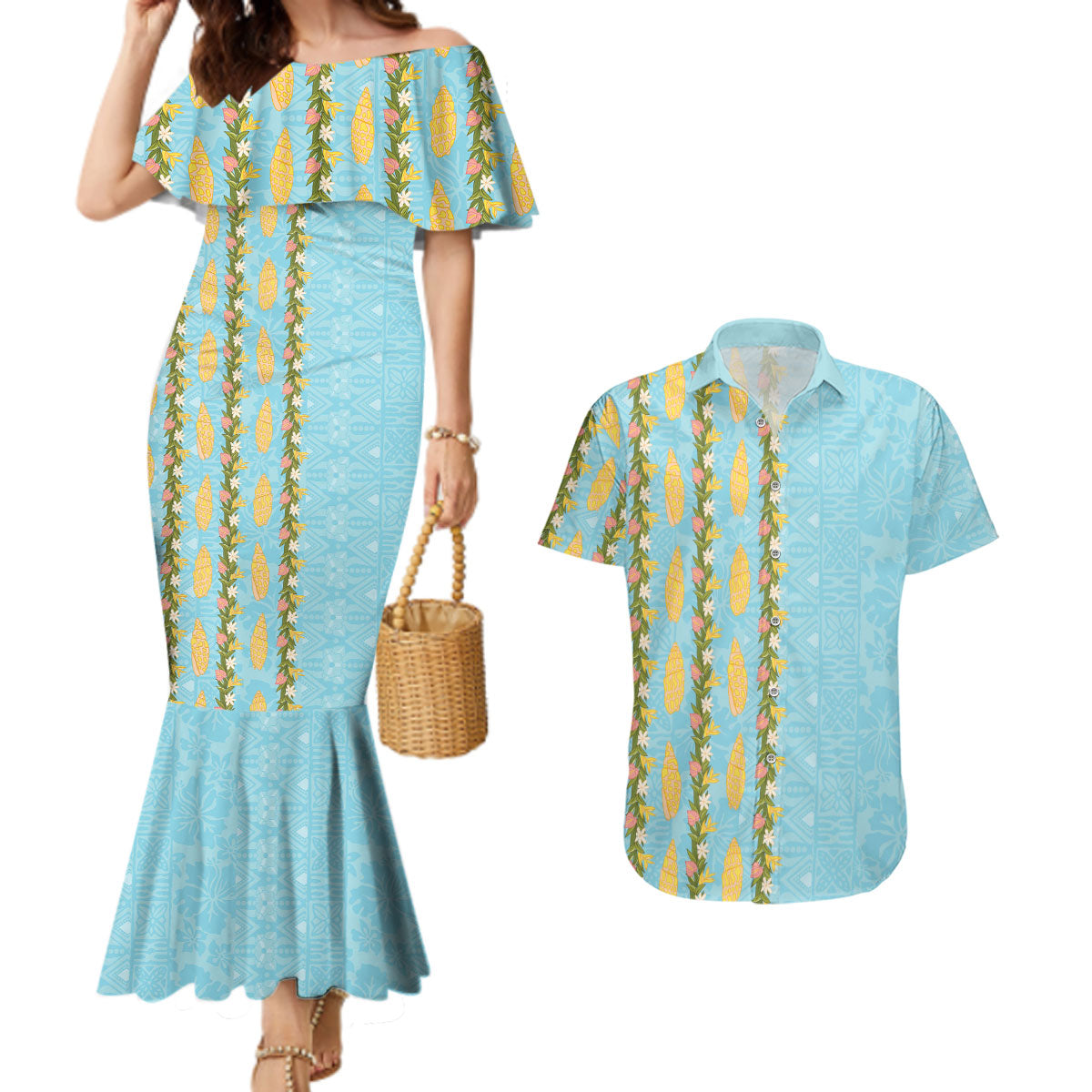 Hawaii Shell Tiare Anthurium Heliconia Lei Couples Matching Mermaid Dress and Hawaiian Shirt With Tapa Pattern Baby Blue LT05 Blue - Polynesian Pride
