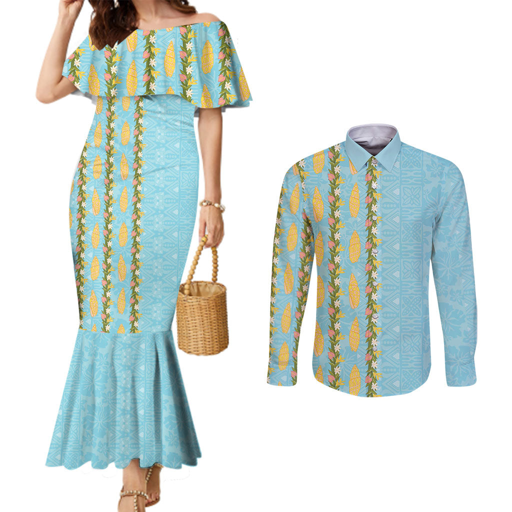 Hawaii Shell Tiare Anthurium Heliconia Lei Couples Matching Mermaid Dress and Long Sleeve Button Shirt With Tapa Pattern Baby Blue LT05 Blue - Polynesian Pride