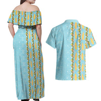Hawaii Shell Tiare Anthurium Heliconia Lei Couples Matching Off Shoulder Maxi Dress and Hawaiian Shirt With Tapa Pattern Baby Blue