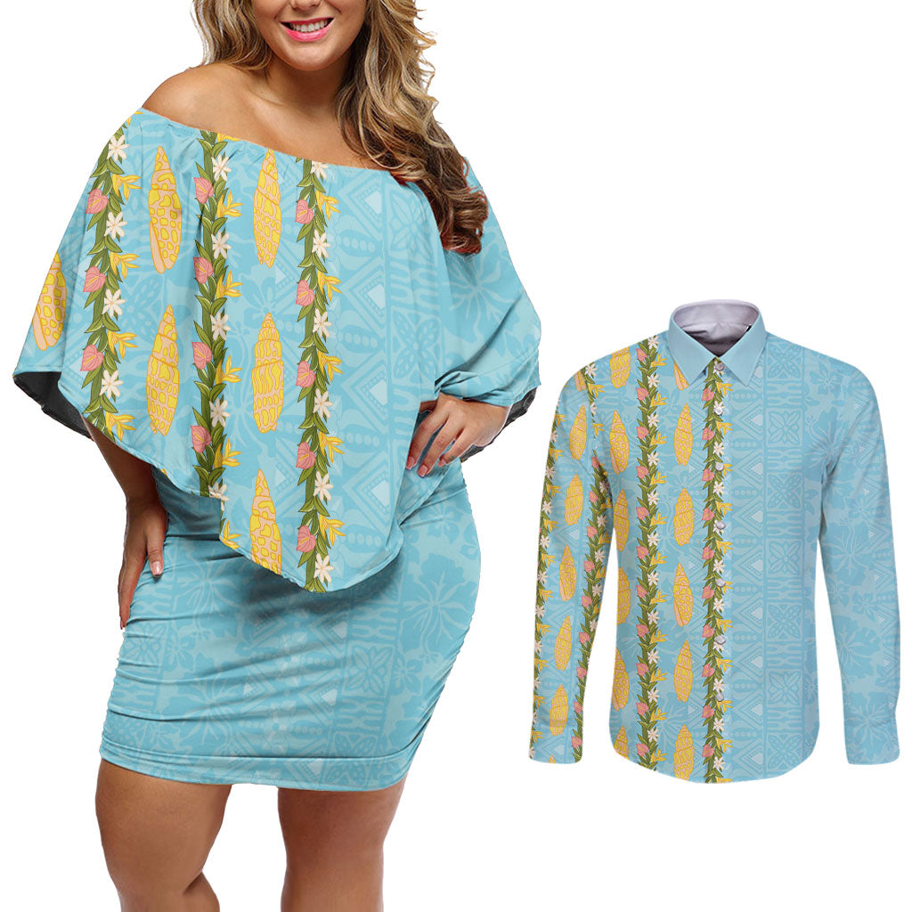 Hawaii Shell Tiare Anthurium Heliconia Lei Couples Matching Off Shoulder Short Dress and Long Sleeve Button Shirt With Tapa Pattern Baby Blue LT05 Blue - Polynesian Pride