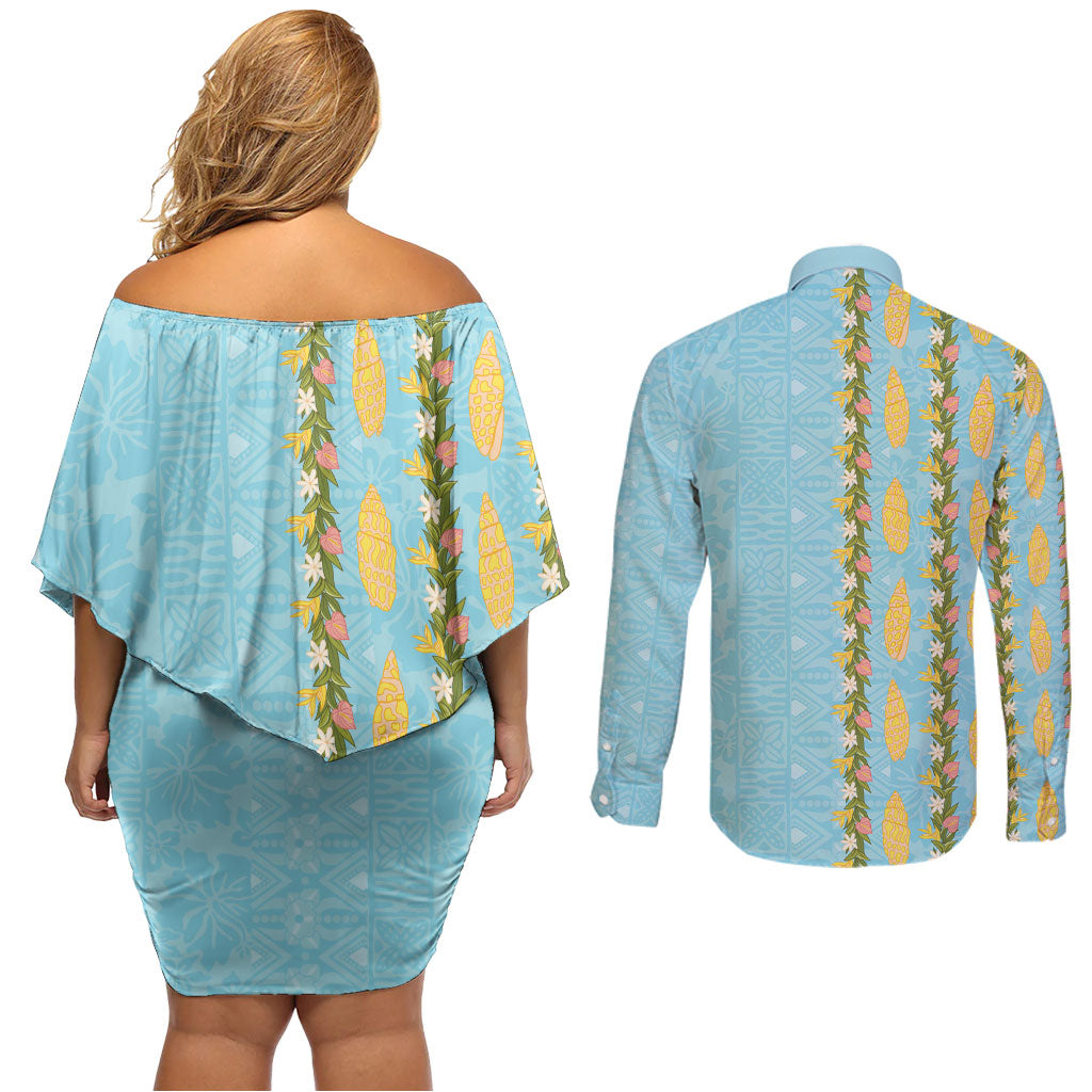 Hawaii Shell Tiare Anthurium Heliconia Lei Couples Matching Off Shoulder Short Dress and Long Sleeve Button Shirt With Tapa Pattern Baby Blue