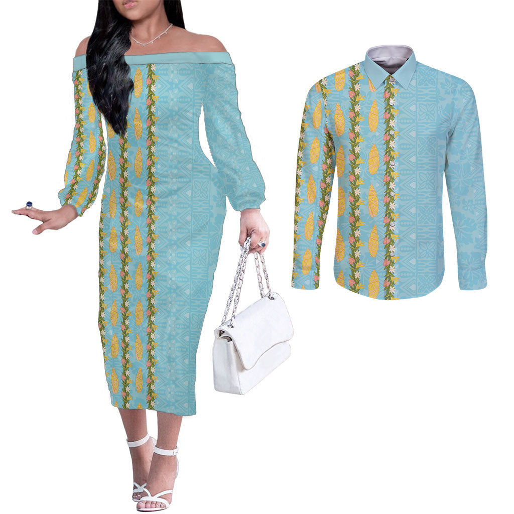 Hawaii Shell Tiare Anthurium Heliconia Lei Couples Matching Off The Shoulder Long Sleeve Dress and Long Sleeve Button Shirt With Tapa Pattern Baby Blue LT05 Blue - Polynesian Pride