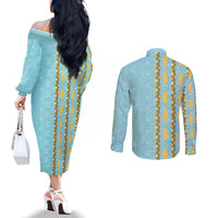 Hawaii Shell Tiare Anthurium Heliconia Lei Couples Matching Off The Shoulder Long Sleeve Dress and Long Sleeve Button Shirt With Tapa Pattern Baby Blue