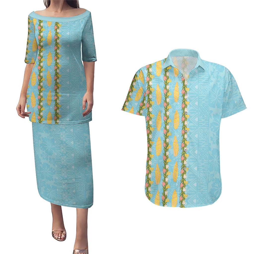 Hawaii Shell Tiare Anthurium Heliconia Lei Couples Matching Puletasi and Hawaiian Shirt With Tapa Pattern Baby Blue LT05 Blue - Polynesian Pride