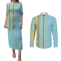Hawaii Shell Tiare Anthurium Heliconia Lei Couples Matching Puletasi and Long Sleeve Button Shirt With Tapa Pattern Baby Blue