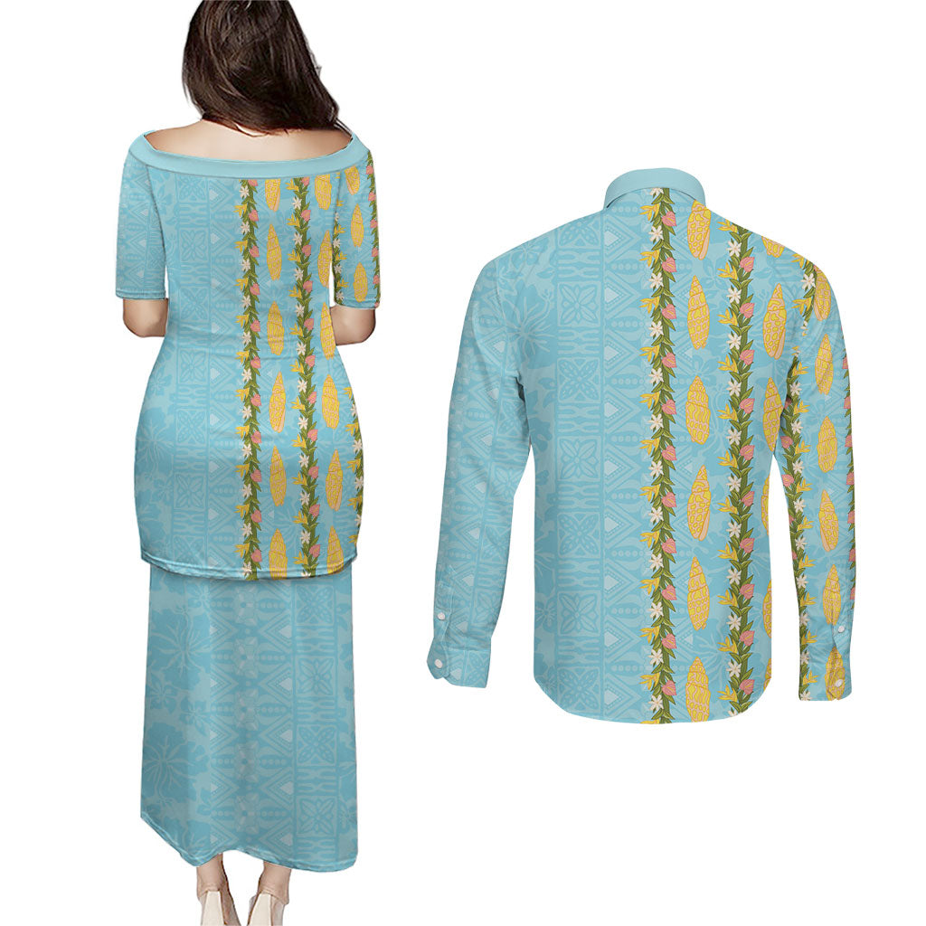 Hawaii Shell Tiare Anthurium Heliconia Lei Couples Matching Puletasi and Long Sleeve Button Shirt With Tapa Pattern Baby Blue