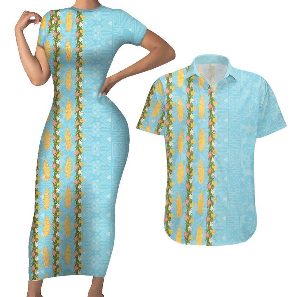 Hawaii Shell Tiare Anthurium Heliconia Lei Couples Matching Short Sleeve Bodycon Dress and Hawaiian Shirt With Tapa Pattern Baby Blue LT05 Blue - Polynesian Pride