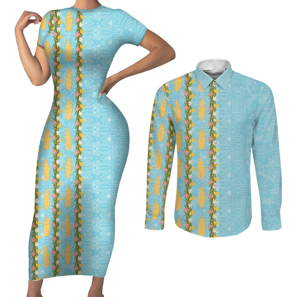 Hawaii Shell Tiare Anthurium Heliconia Lei Couples Matching Short Sleeve Bodycon Dress and Long Sleeve Button Shirt With Tapa Pattern Baby Blue LT05 Blue - Polynesian Pride