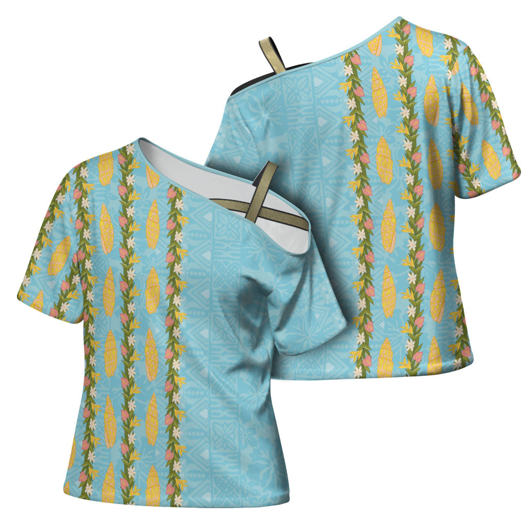 Hawaii Shell Tiare Anthurium Heliconia Lei Cross Shoulder Shirt With Tapa Pattern Baby Blue