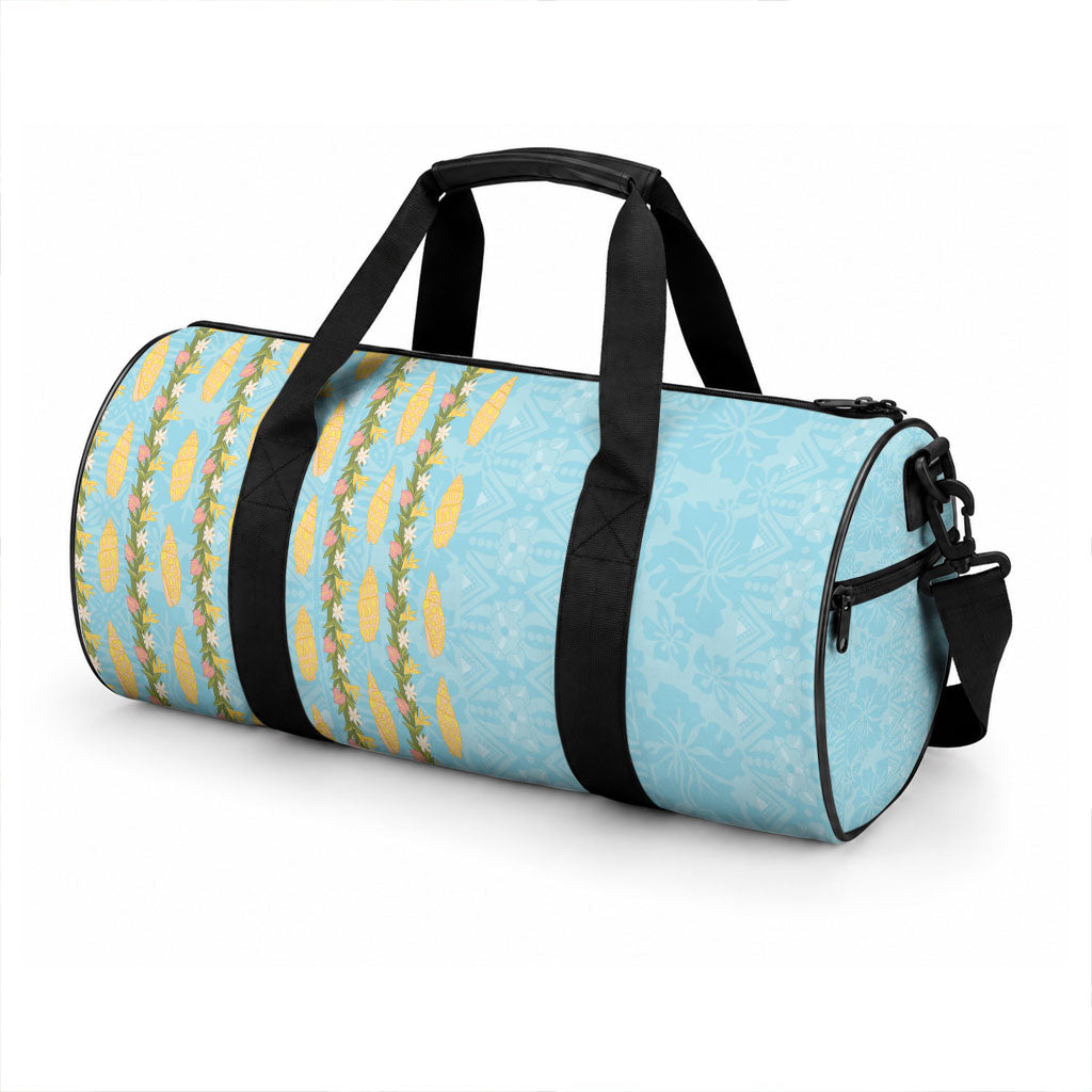 Hawaii Shell Tiare Anthurium Heliconia Lei Duffle Bag With Tapa Pattern Baby Blue LT05 - Polynesian Pride