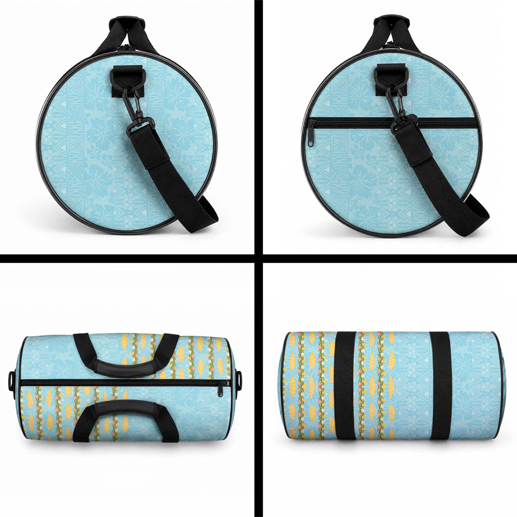 Hawaii Shell Tiare Anthurium Heliconia Lei Duffle Bag With Tapa Pattern Baby Blue LT05 - Polynesian Pride