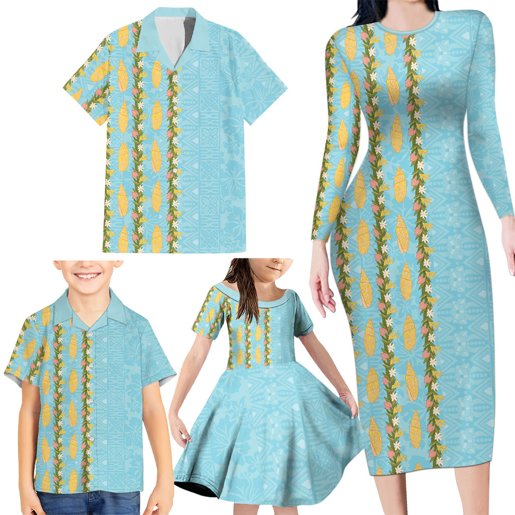 Hawaii Shell Tiare Anthurium Heliconia Lei Family Matching Long Sleeve Bodycon Dress and Hawaiian Shirt With Tapa Pattern Baby Blue LT05 - Polynesian Pride