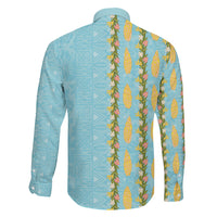 Hawaii Shell Tiare Anthurium Heliconia Lei Family Matching Long Sleeve Bodycon Dress and Hawaiian Shirt With Tapa Pattern Baby Blue