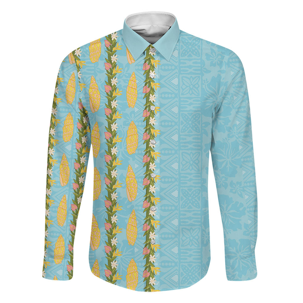 Hawaii Shell Tiare Anthurium Heliconia Lei Family Matching Mermaid Dress and Hawaiian Shirt With Tapa Pattern Baby Blue