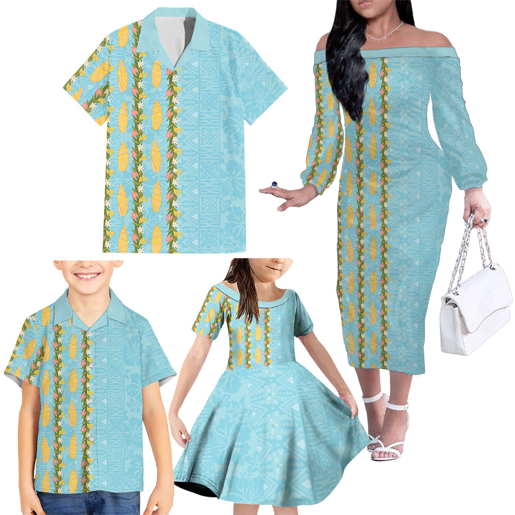 Hawaii Shell Tiare Anthurium Heliconia Lei Family Matching Off The Shoulder Long Sleeve Dress and Hawaiian Shirt With Tapa Pattern Baby Blue LT05 - Polynesian Pride