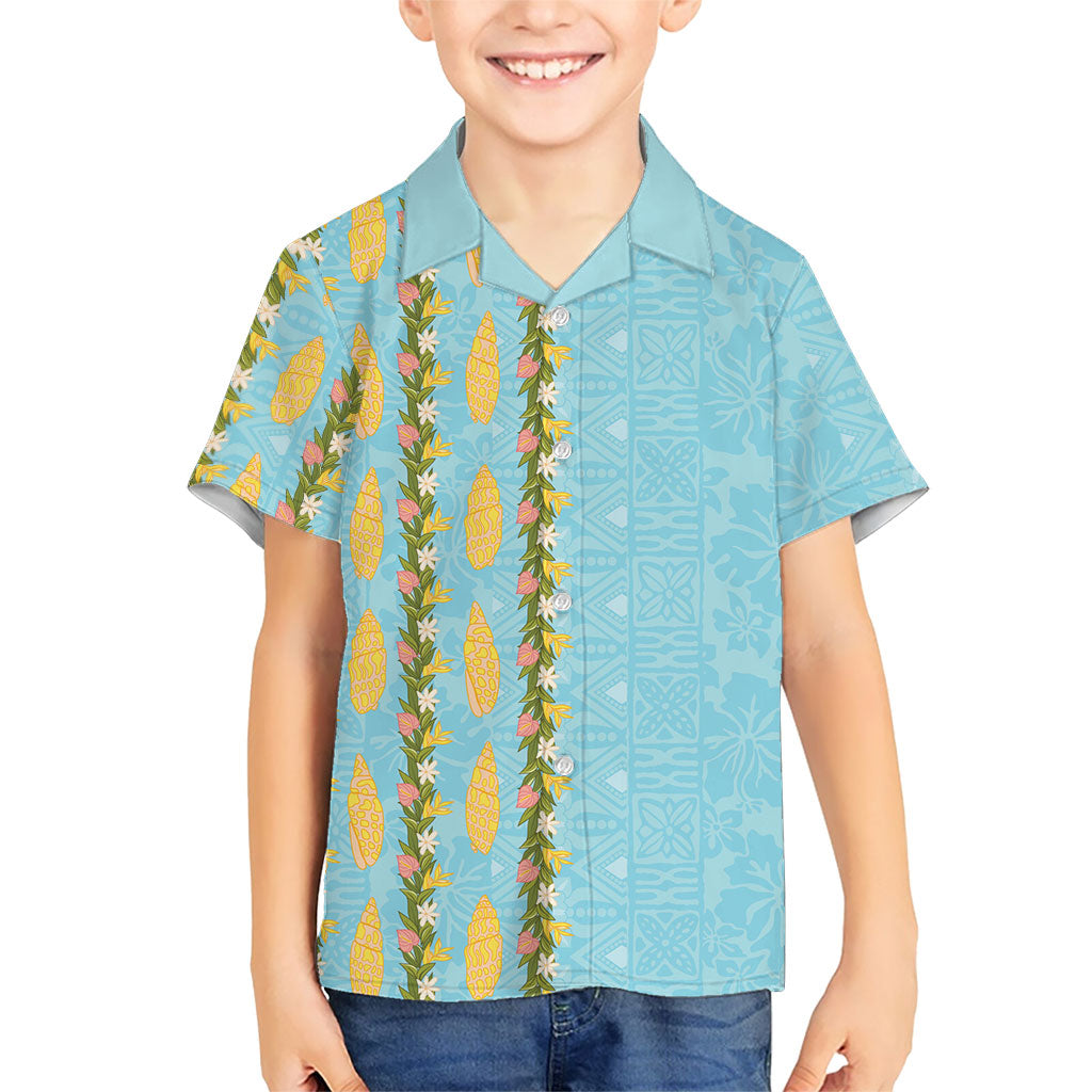 Hawaii Shell Tiare Anthurium Heliconia Lei Family Matching Off The Shoulder Long Sleeve Dress and Hawaiian Shirt With Tapa Pattern Baby Blue