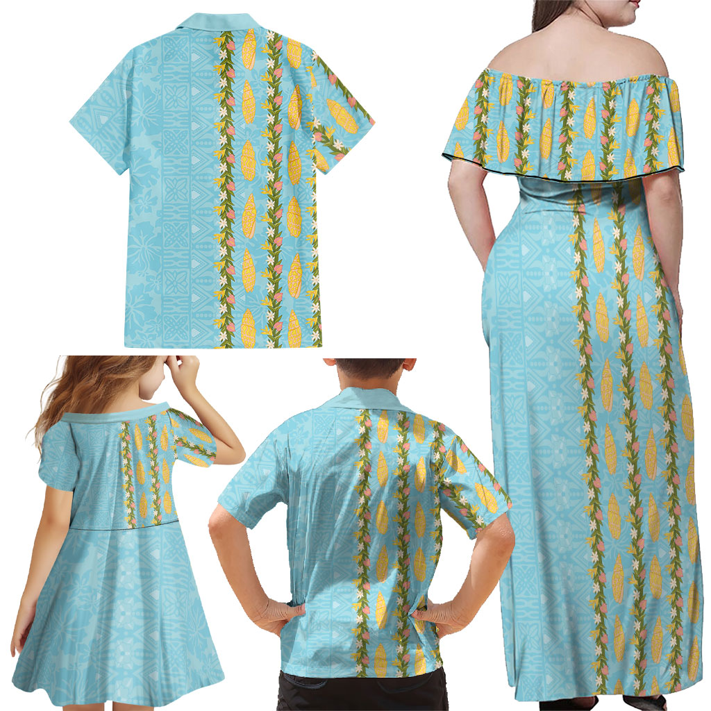 Hawaii Shell Tiare Anthurium Heliconia Lei Family Matching Off Shoulder Maxi Dress and Hawaiian Shirt With Tapa Pattern Baby Blue