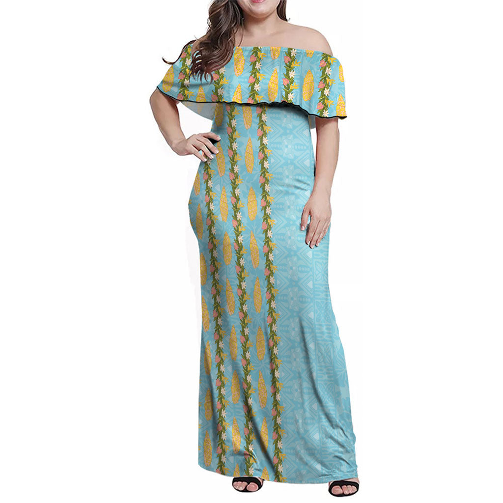 Hawaii Shell Tiare Anthurium Heliconia Lei Family Matching Off Shoulder Maxi Dress and Hawaiian Shirt With Tapa Pattern Baby Blue