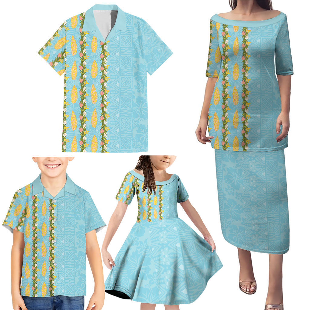 Hawaii Shell Tiare Anthurium Heliconia Lei Family Matching Puletasi and Hawaiian Shirt With Tapa Pattern Baby Blue LT05 - Polynesian Pride