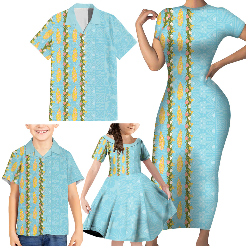 Hawaii Shell Tiare Anthurium Heliconia Lei Family Matching Short Sleeve Bodycon Dress and Hawaiian Shirt With Tapa Pattern Baby Blue