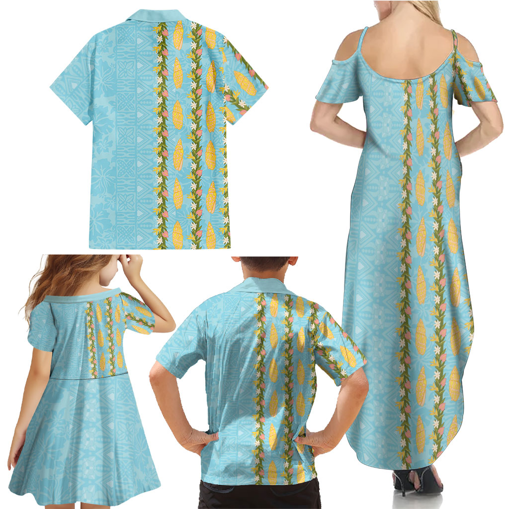 Hawaii Shell Tiare Anthurium Heliconia Lei Family Matching Summer Maxi Dress and Hawaiian Shirt With Tapa Pattern Baby Blue