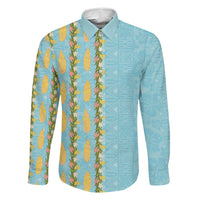 Hawaii Shell Tiare Anthurium Heliconia Lei Family Matching Tank Maxi Dress and Hawaiian Shirt With Tapa Pattern Baby Blue