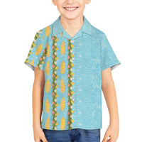 Hawaii Shell Tiare Anthurium Heliconia Lei Family Matching Tank Maxi Dress and Hawaiian Shirt With Tapa Pattern Baby Blue