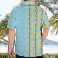 Hawaii Shell Tiare Anthurium Heliconia Lei Hawaiian Shirt With Tapa Pattern Baby Blue