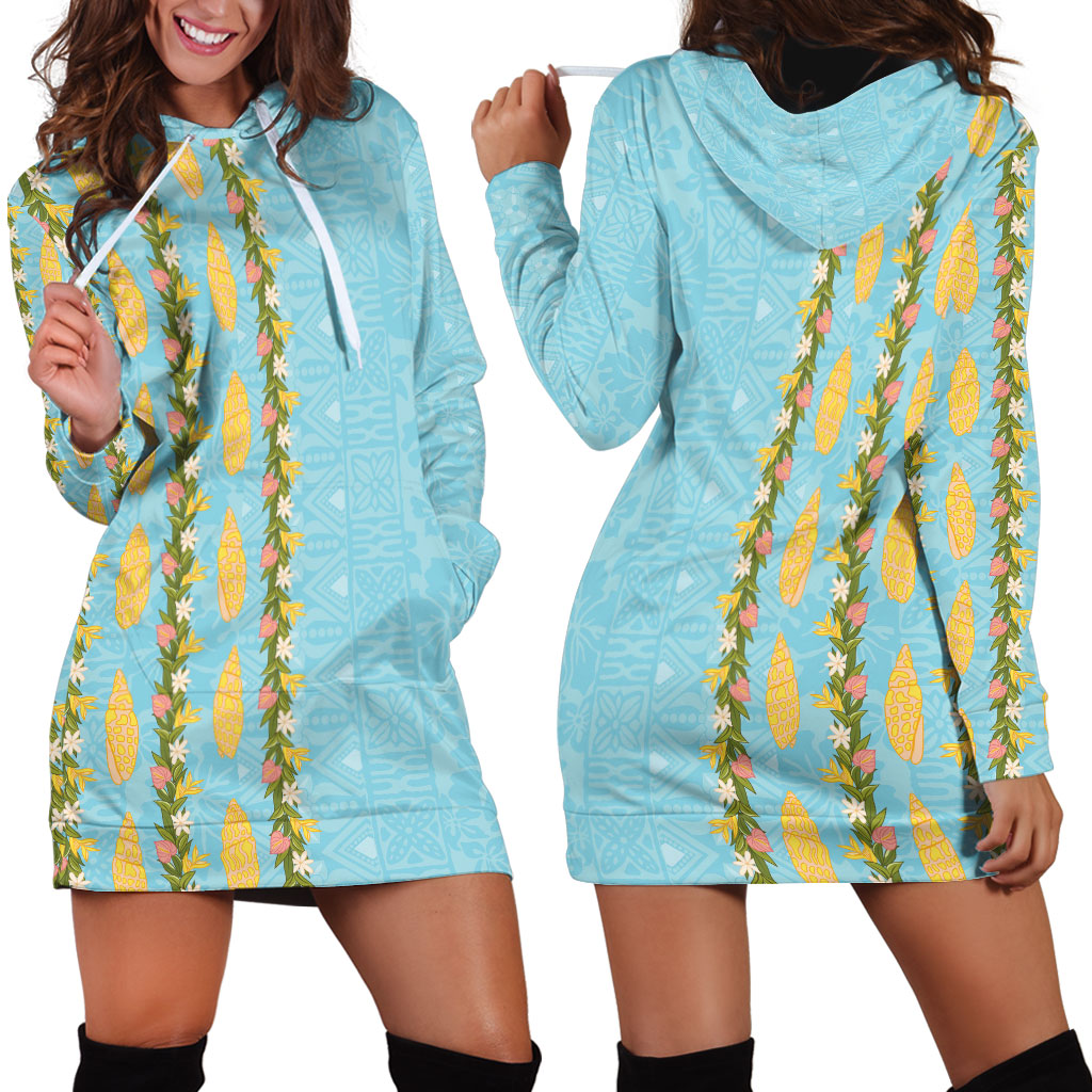 Hawaii Shell Tiare Anthurium Heliconia Lei Hoodie Dress With Tapa Pattern Baby Blue
