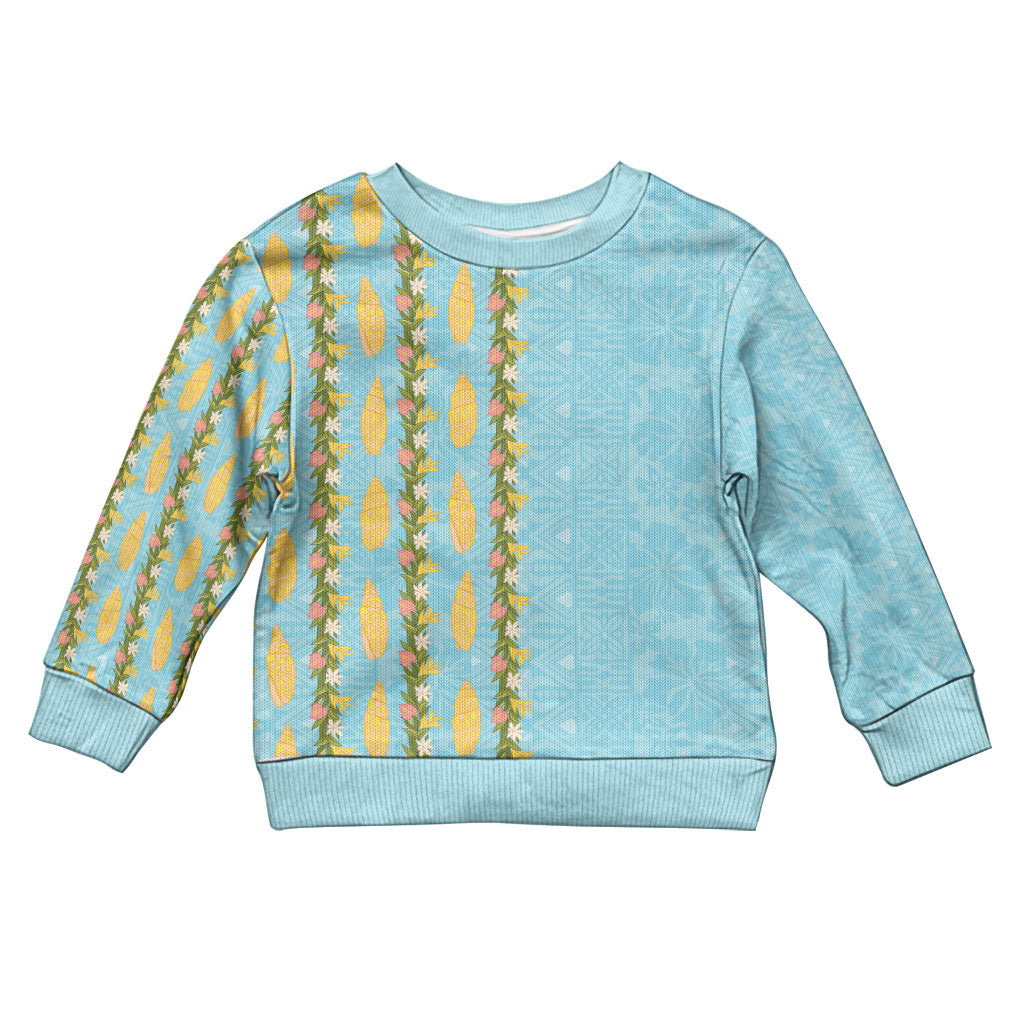 Hawaii Shell Tiare Anthurium Heliconia Lei Kid Ugly Christmas Sweater With Tapa Pattern Baby Blue LT05 Kid Blue - Polynesian Pride
