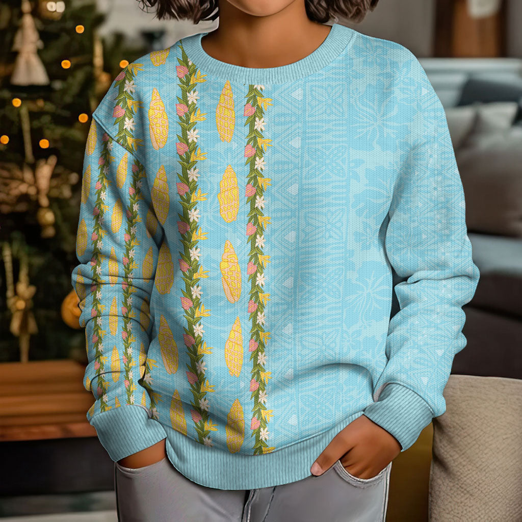 Hawaii Shell Tiare Anthurium Heliconia Lei Kid Ugly Christmas Sweater With Tapa Pattern Baby Blue LT05 - Polynesian Pride