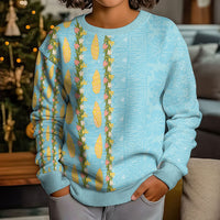 Hawaii Shell Tiare Anthurium Heliconia Lei Kid Ugly Christmas Sweater With Tapa Pattern Baby Blue LT05 - Polynesian Pride