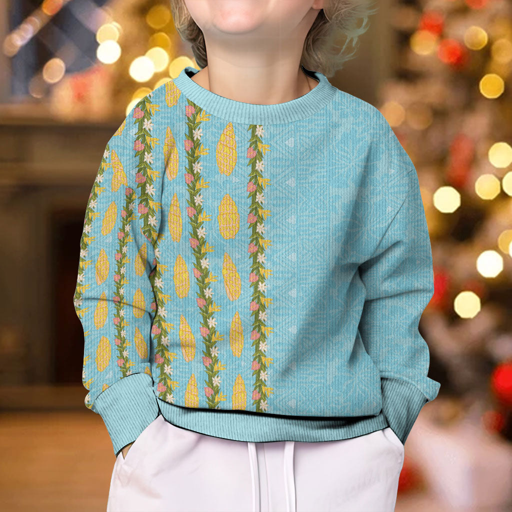 Hawaii Shell Tiare Anthurium Heliconia Lei Kid Ugly Christmas Sweater With Tapa Pattern Baby Blue LT05 - Polynesian Pride