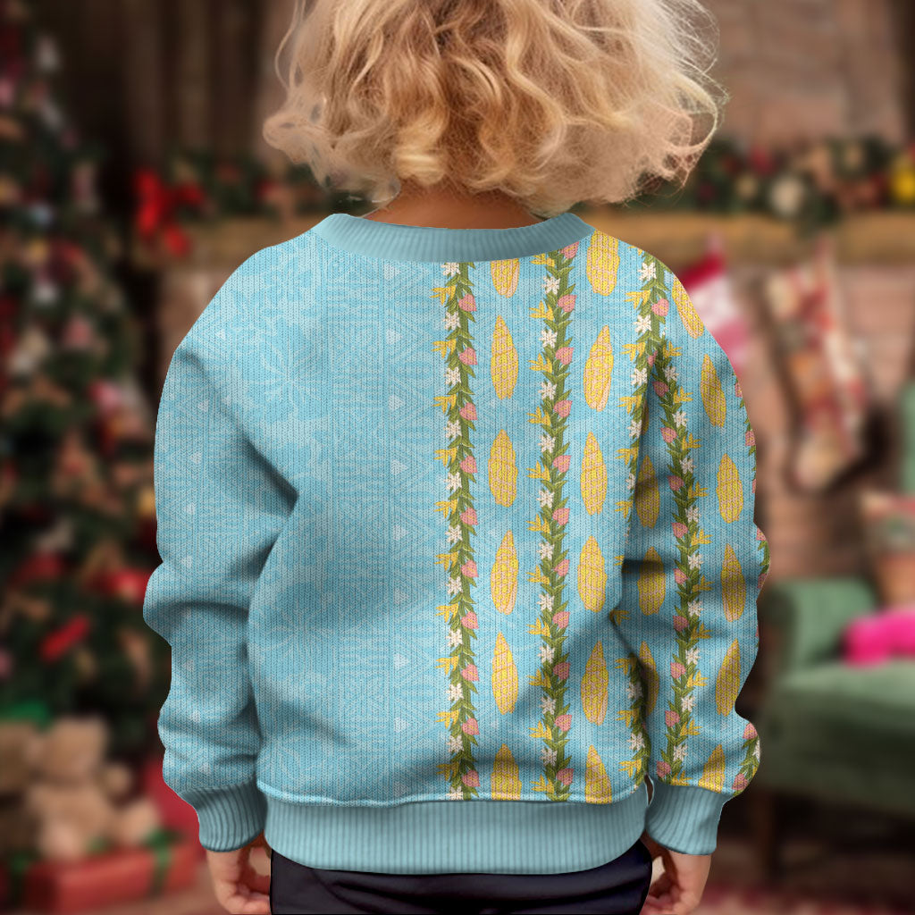 Hawaii Shell Tiare Anthurium Heliconia Lei Kid Ugly Christmas Sweater With Tapa Pattern Baby Blue LT05 - Polynesian Pride