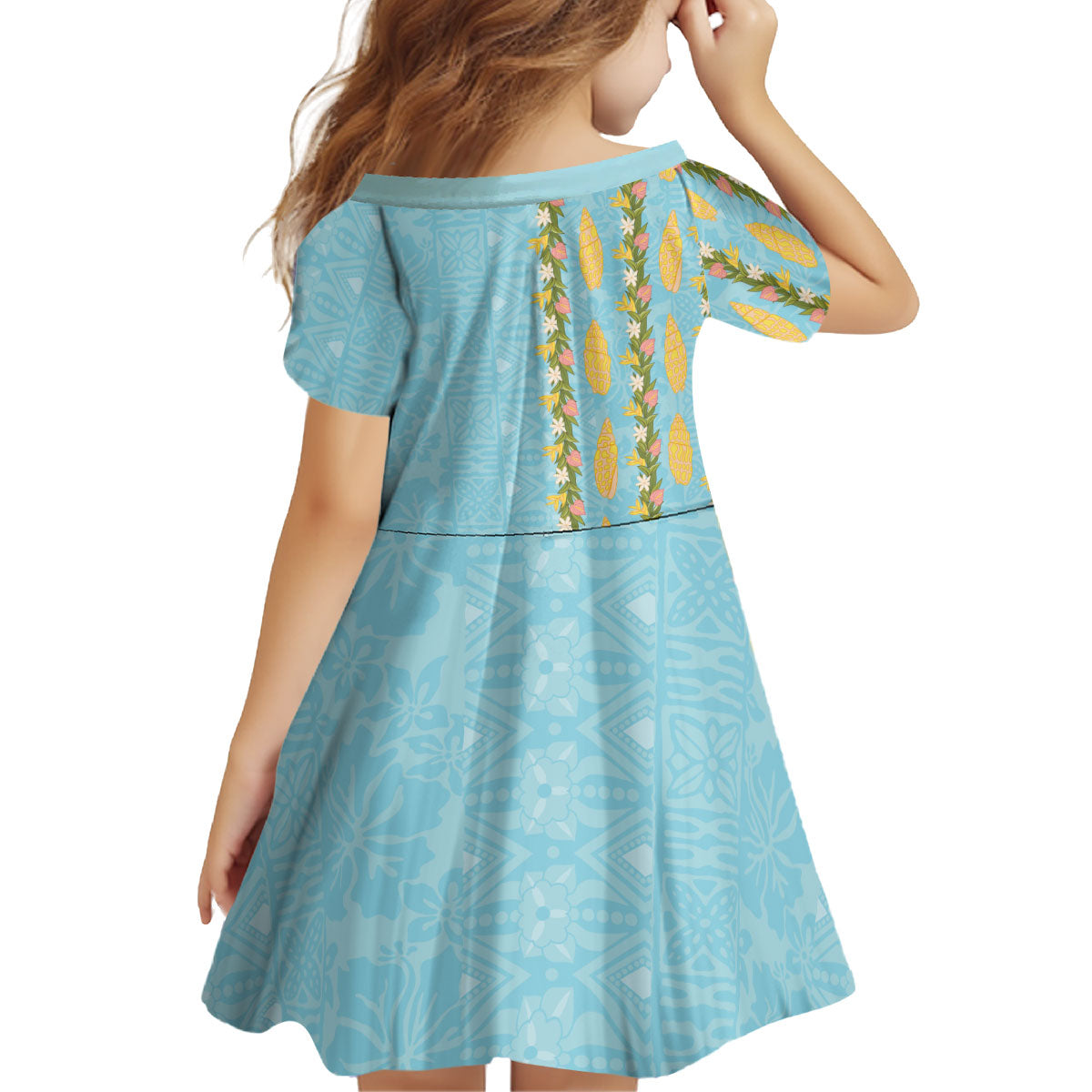 Hawaii Shell Tiare Anthurium Heliconia Lei Kid Short Sleeve Dress With Tapa Pattern Baby Blue
