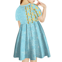 Hawaii Shell Tiare Anthurium Heliconia Lei Kid Short Sleeve Dress With Tapa Pattern Baby Blue