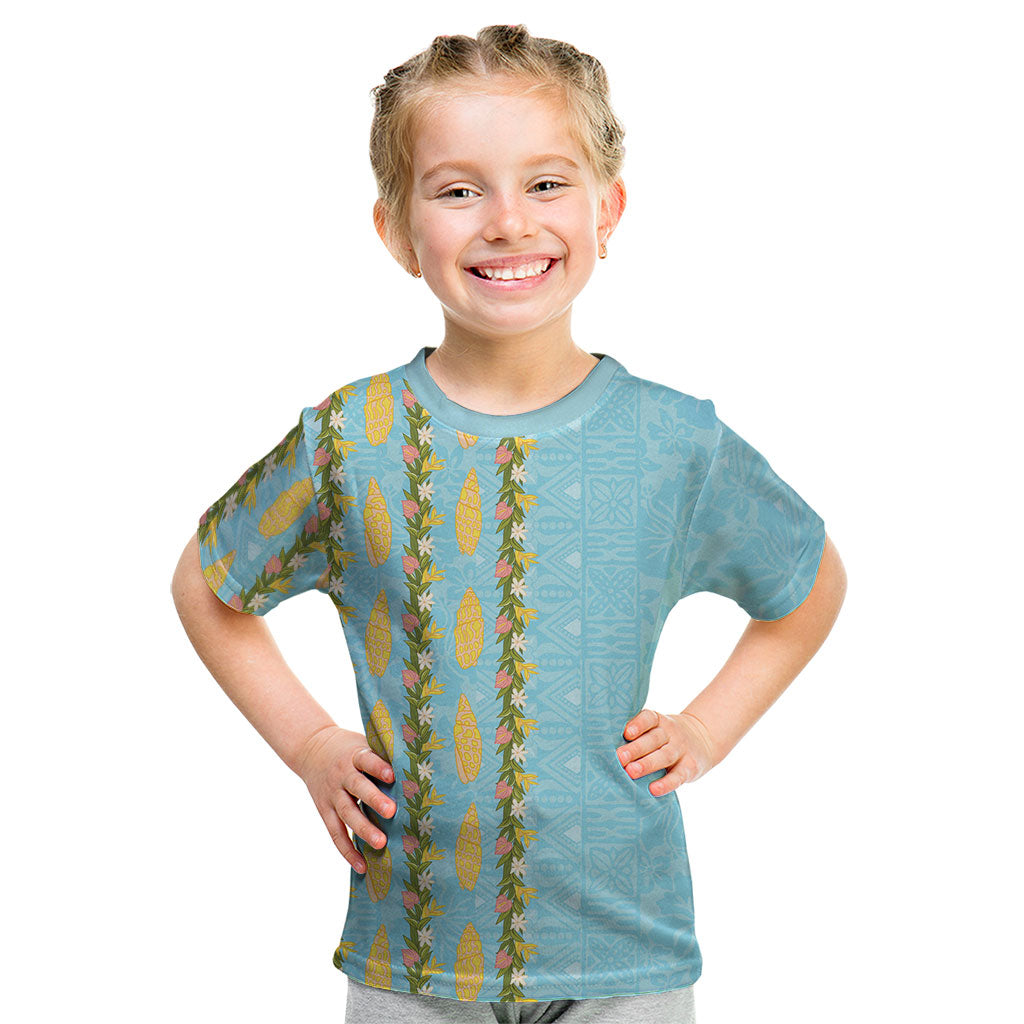 Hawaii Shell Tiare Anthurium Heliconia Lei Kid T Shirt With Tapa Pattern Baby Blue