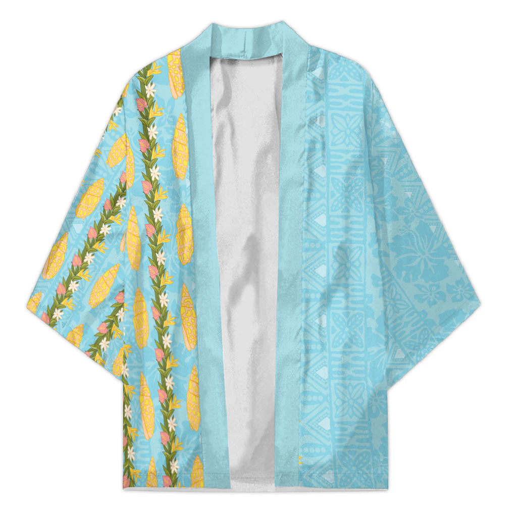 Hawaii Shell Tiare Anthurium Heliconia Lei Kimono With Tapa Pattern Baby Blue LT05 Unisex Blue - Polynesian Pride