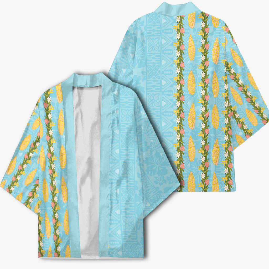 Hawaii Shell Tiare Anthurium Heliconia Lei Kimono With Tapa Pattern Baby Blue