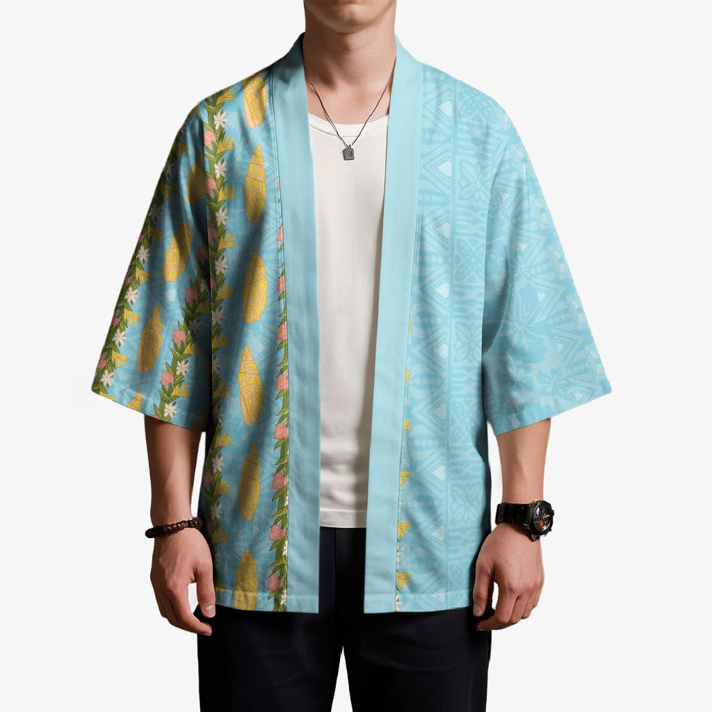 Hawaii Shell Tiare Anthurium Heliconia Lei Kimono With Tapa Pattern Baby Blue