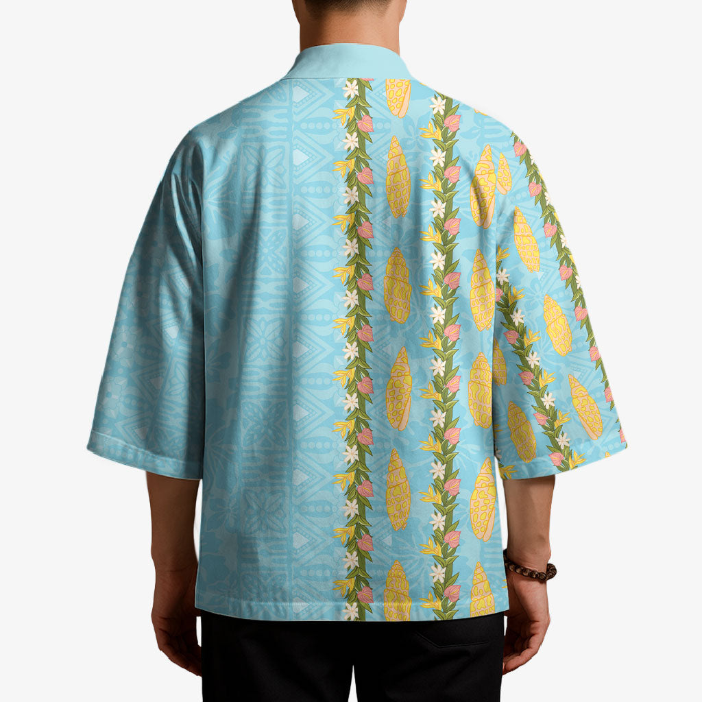 Hawaii Shell Tiare Anthurium Heliconia Lei Kimono With Tapa Pattern Baby Blue