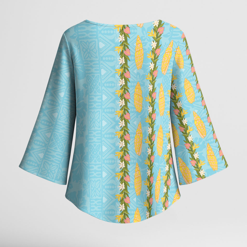 Hawaii Shell Tiare Anthurium Heliconia Lei Kimono Sleeve Blouse With Tapa Pattern Baby Blue