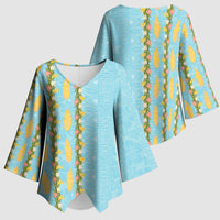 Hawaii Shell Tiare Anthurium Heliconia Lei Kimono Sleeve Blouse With Tapa Pattern Baby Blue
