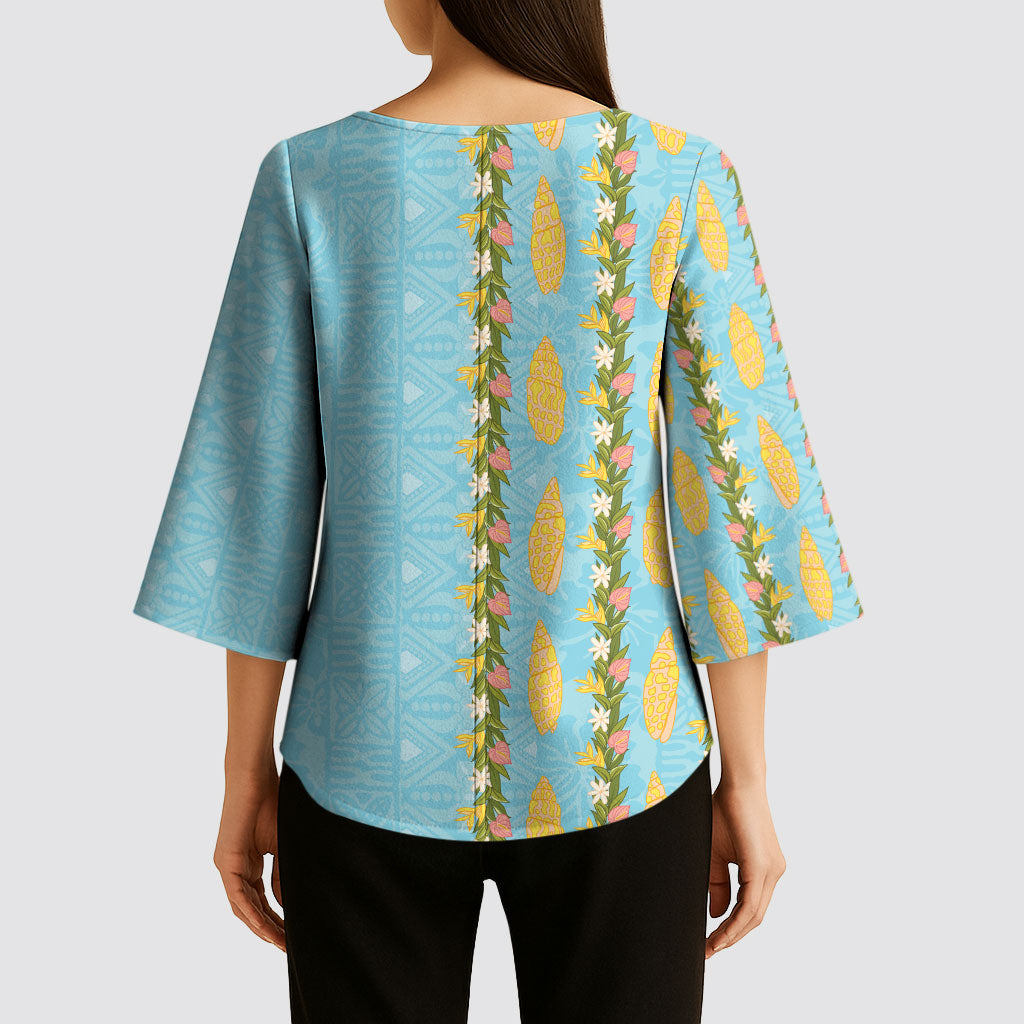 Hawaii Shell Tiare Anthurium Heliconia Lei Kimono Sleeve Blouse With Tapa Pattern Baby Blue