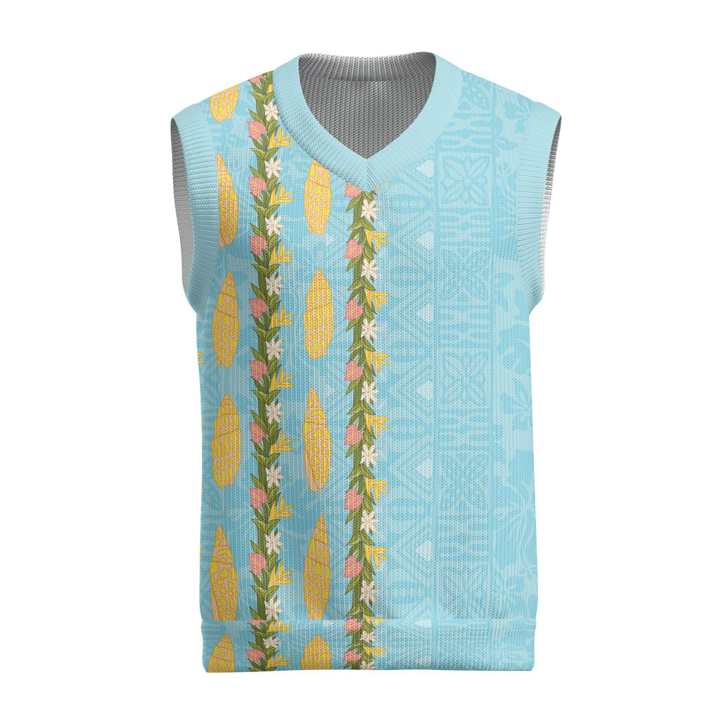 Hawaii Shell Tiare Anthurium Heliconia Lei Christmas Knitted V-Neck Vest With Tapa Pattern Baby Blue LT05 Blue - Polynesian Pride