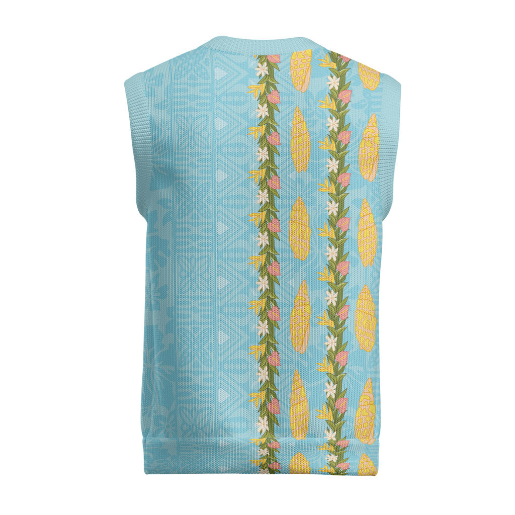 Hawaii Shell Tiare Anthurium Heliconia Lei Christmas Knitted V-Neck Vest With Tapa Pattern Baby Blue LT05 - Polynesian Pride
